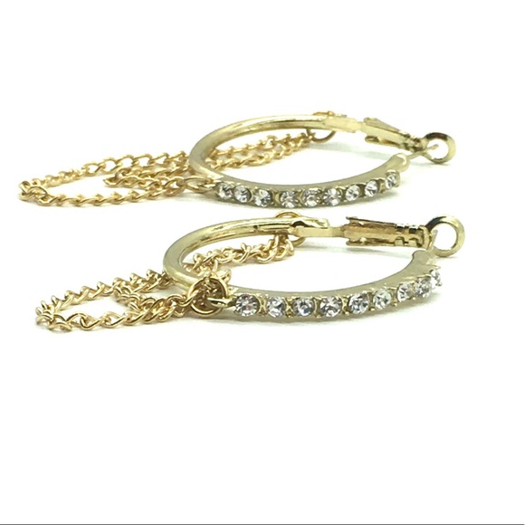 Gold Hoop Earrings w/ Rhinestone Chain Accents - Picture 1 of 5